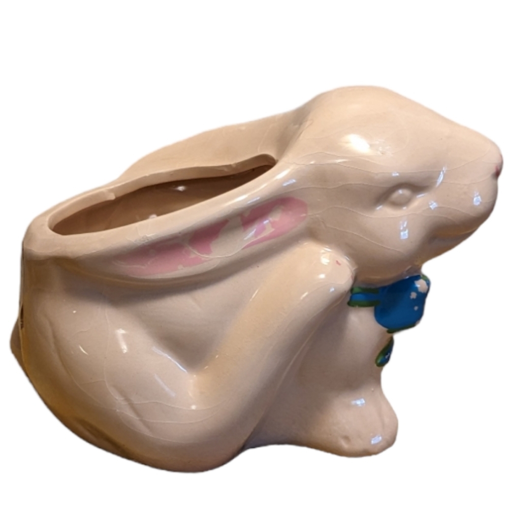 Scratching Easter Bunny Rabbit Painted Porcelain Planter Storage Container